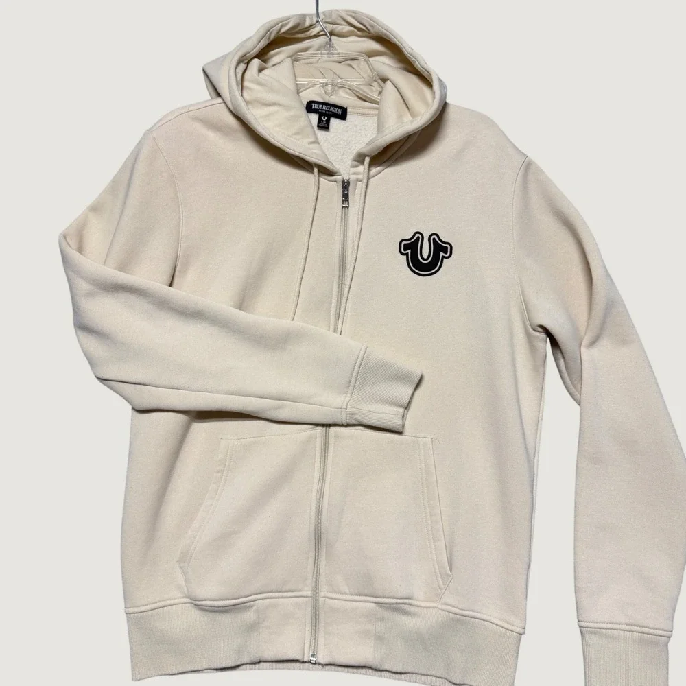 True Religion Mens Cream Full Zip Horseshoe Logo Fleece Hoodie Size Large L